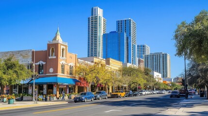 Obraz premium Vibrant Urban Scene with Historic Buildings and Modern Skyscrapers