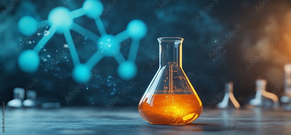 Poster illuminated erlenmeyer flask with amber liquid; science concept.
