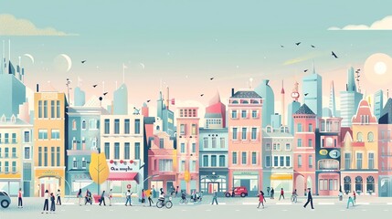 Obraz premium A cartoon-style illustration of a city street with buildings, people walking, and a blue sky.