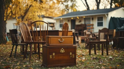Autumn yard sale with antique furniture.