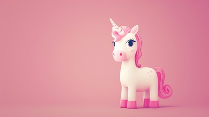 A cute cartoon unicorn with a pink mane and hooves stands against a pink background.