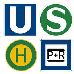 Deutsche Symbole des öffentlichen Personen Nahverkehrs. U-Bahn, S-Bahn, Bushaltestelle und Park & Ride