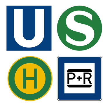 Deutsche Symbole des &ouml;ffentlichen Personen Nahverkehrs. U-Bahn, S-Bahn, Bushaltestelle und Park & Ride