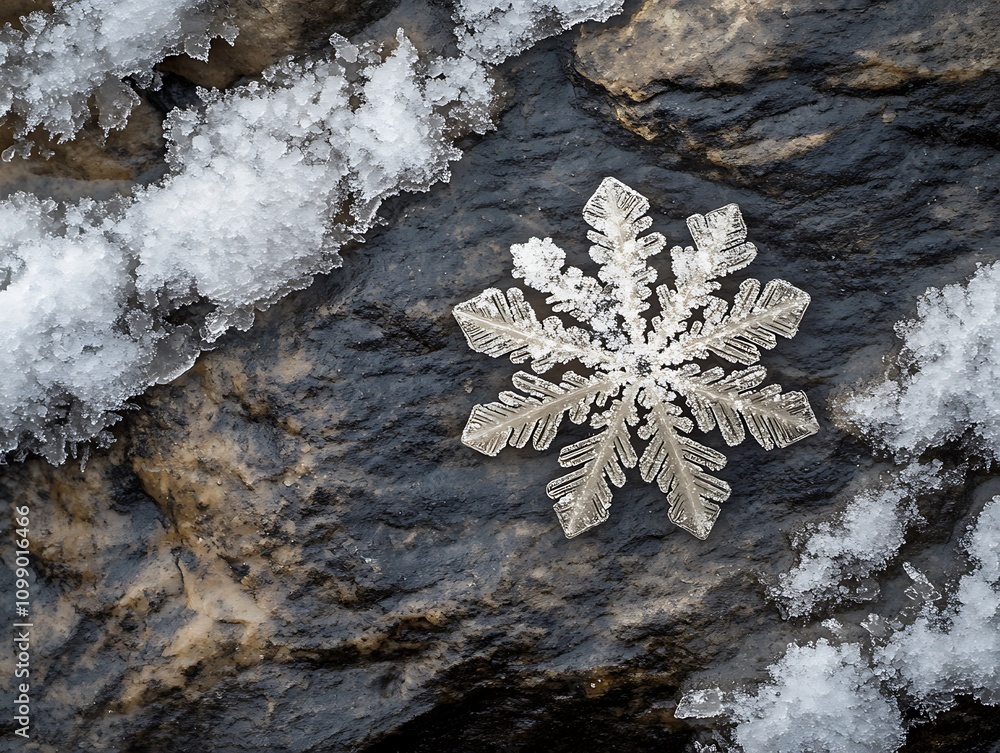 Poster intricate snowflake on dark rock, surrounded by snow.