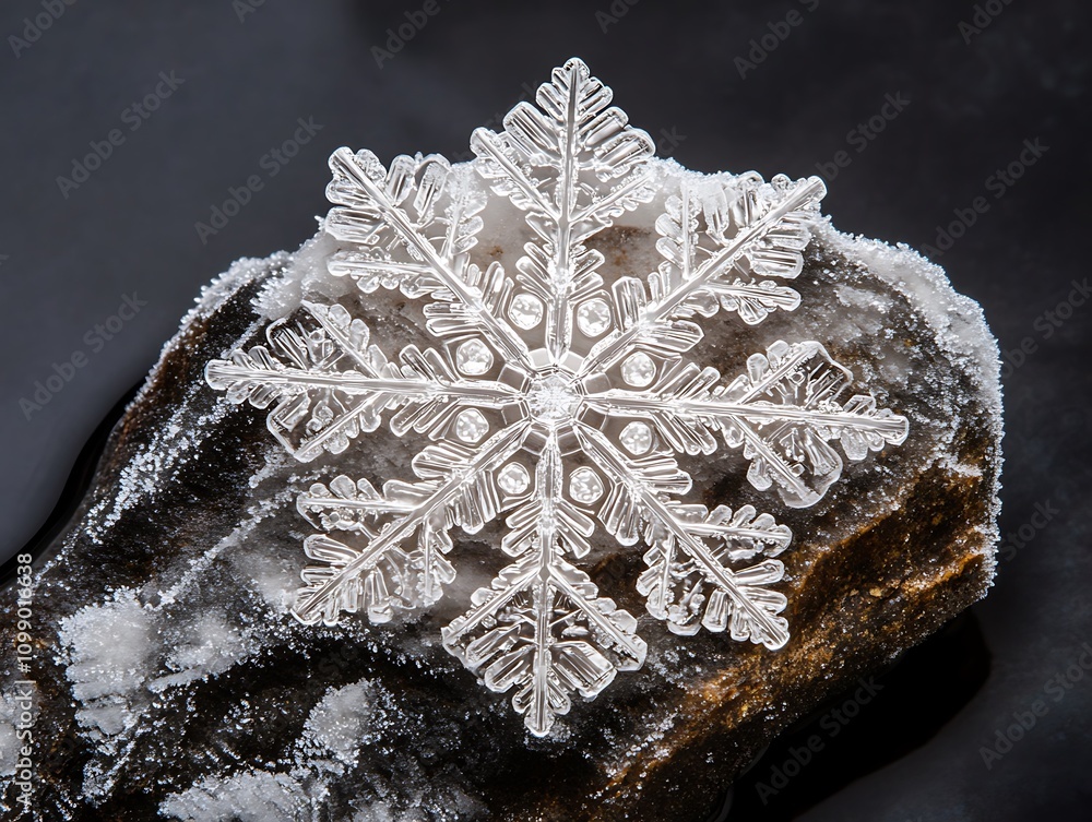 Poster intricate snowflake resting on a dark rock, surrounded by ice.