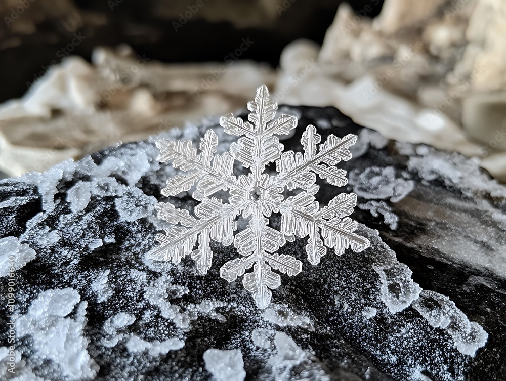 Poster intricate snowflake resting on icy surface.
