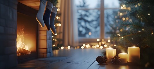 A holiday fireplace with stockings hanging, glowing candles, and pine branches, with a soft glow and empty space on the right for showcasing a product.