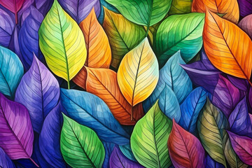 Fototapeta premium Colorful leaves in sketch art style background illustration