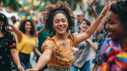 Fototapeta premium Diverse group of people dancing together at a street festival, showcasing joy and cultural exchange