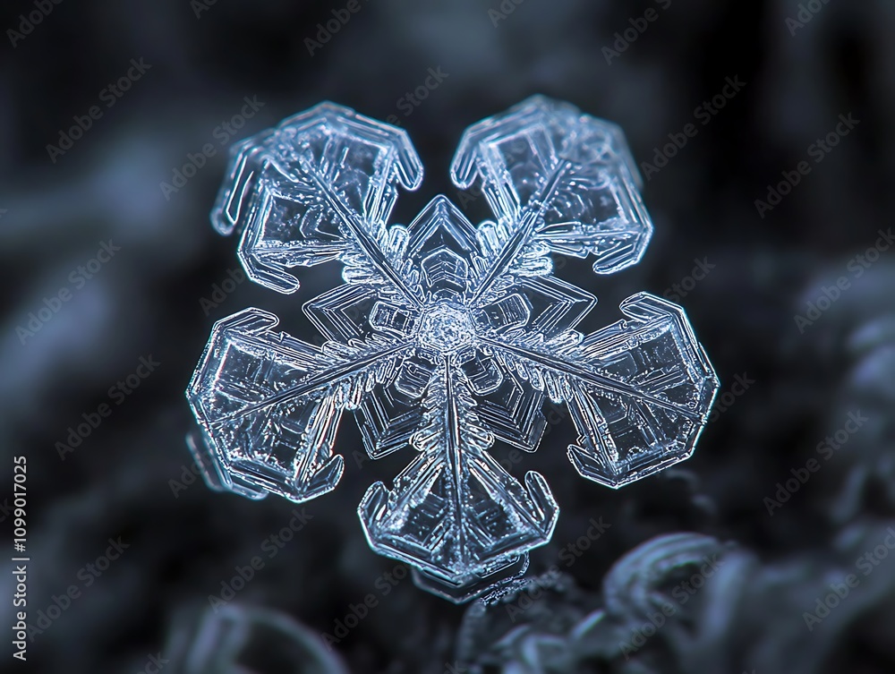 Poster intricate, six-pointed snowflake crystal.