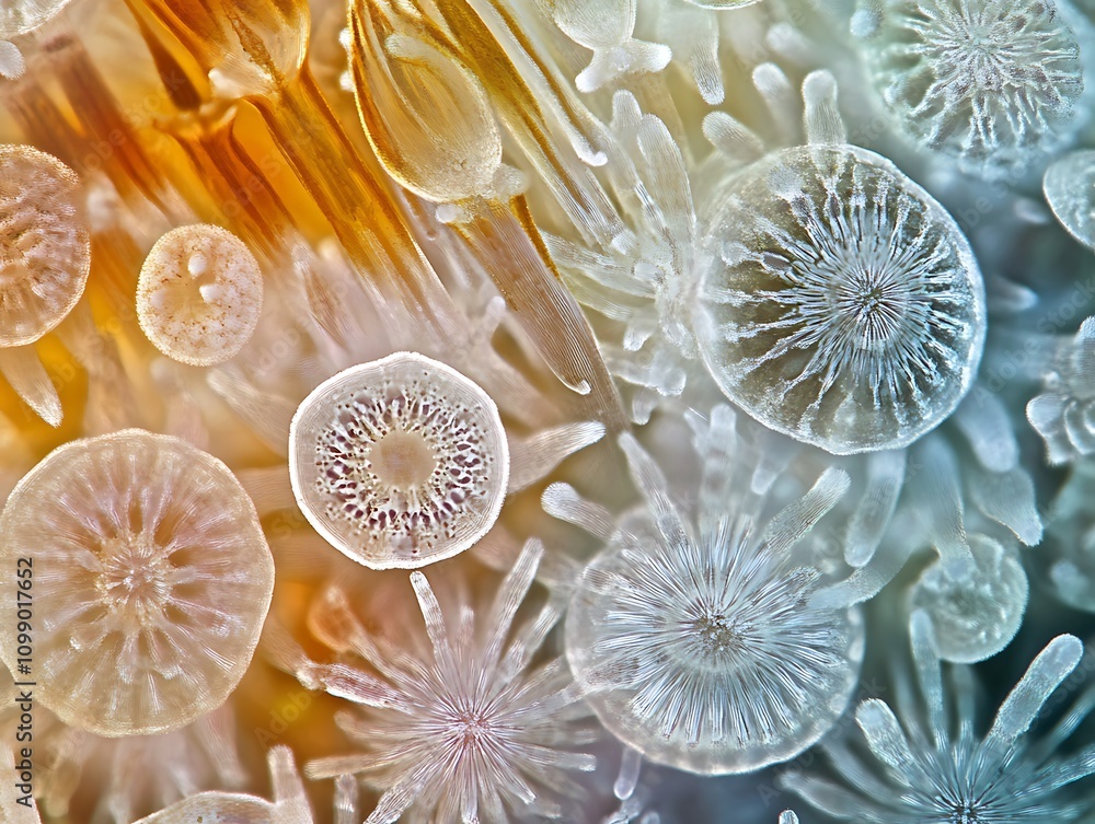Aufkleber microscopic view of intricate, translucent, circular and radial structures, resembling tiny organism