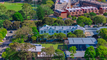 Panorama aerial drone view of western Sydney Suburbs of Canterbury Burwood Ashfield Marrickville...