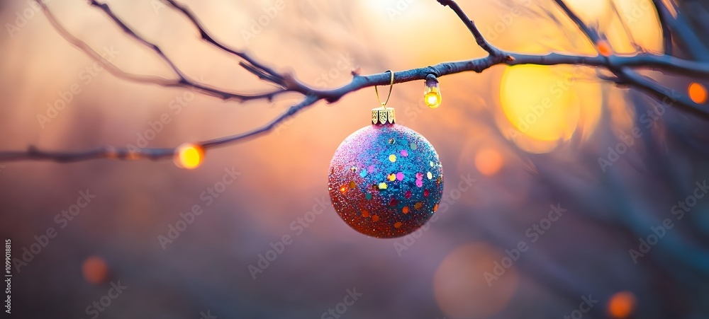 Poster a colorful christmas ornament hanging from a tree branch, surrounded by soft bokeh and a warm glowin