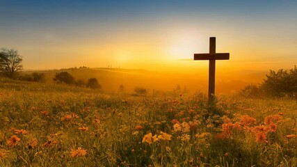 Christian cross on beautiful spring field with flowers at sunrise. Resurrection of Jesus, crucifixion. Easter morning, Good Friday. Peace and hope. Religion and christianity concept
