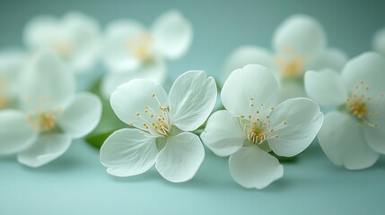 Fototapeta premium Delicate White Blossoms Resting on a Soft Blue Background