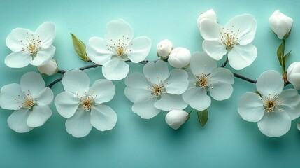 Obraz premium Delicate White Blossoms on a Teal Background