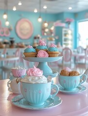 A cozy café scene with gentle pastel backgrounds, featuring pastries and a warm, welcoming atmosphere