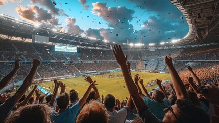 A crowd of cheering fans at a soccer stadium celebrate a goal as confetti falls from the sky.