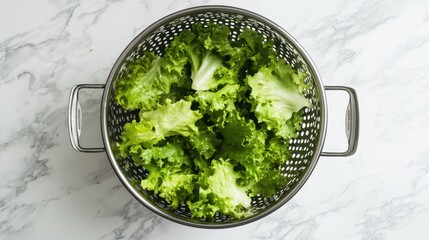 Obraz premium Fresh Green Lettuce Leaves in Metal Strainer on Marble Surface