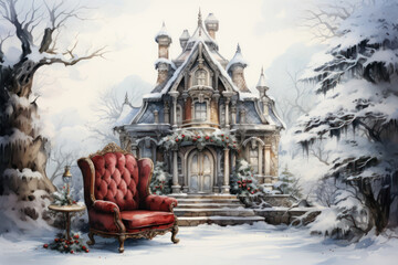 Fototapeta premium luxurious old house in a winter landscape. The house is decorated with festive garlands with red berries and green branches. 