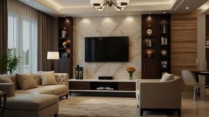 Modern living room interior design with beige sofas, large TV, and built-in shelves.