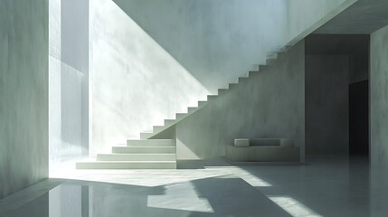 Obraz premium Minimalist architectural rendering of a light-filled interior with staircase and platform.