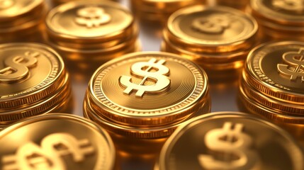 62.A 3D vector illustration of a set of golden dollar coins viewed from different angles, showcasing their shiny, reflective surfaces and engraved dollar symbols. The coins are scattered on a clean