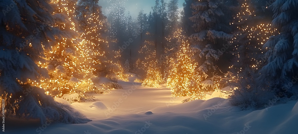 Poster a winter forest with snow-covered trees and a soft glow from christmas lights, with empty space on t