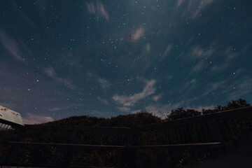 Trail of satellite passing through stars in the night sky