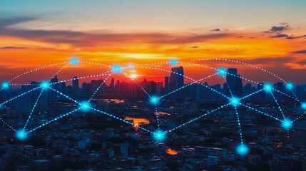 Fototapeta premium Smart digital Innovation city with connection network reciprocity over the sunset cityscape. of future wireless digital city and social media networking systems that connects people with in city