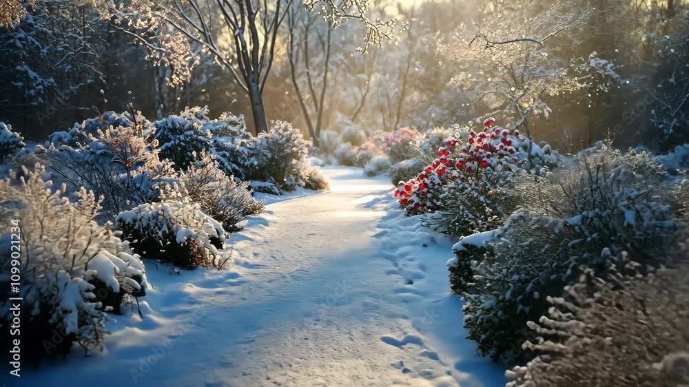 Aufkleber snow-covered path through a winter garden, with frost on the trees and bushes, creating a serene and