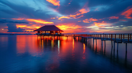 Fototapeta premium Hut on a pier under a fiery sunset sky.