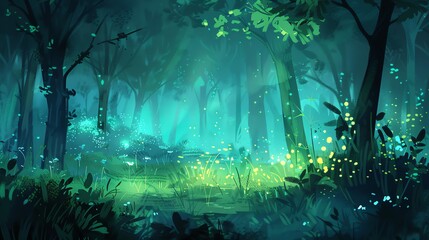A mystical forest with glowing lights, painted in a dreamy, stylized way.