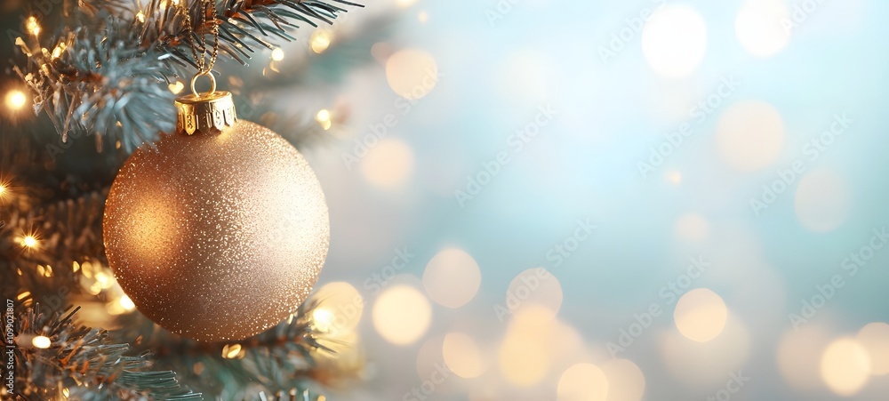 Poster a close-up of a golden christmas ornament reflecting the lights of the tree, with soft bokeh in the 