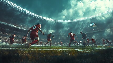 Intense Rugby Match Under Stadium Lights, Players in Action