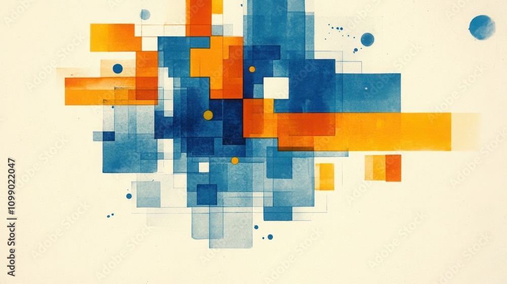 Poster abstract geometric art composition with vibrant blue and orange shapes, blending seamlessly on a lig