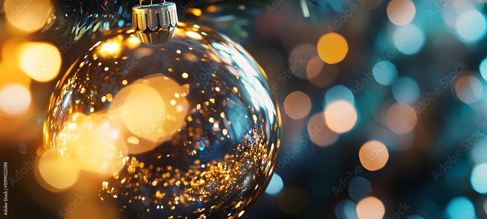 Poster a close-up of a golden christmas ornament reflecting the lights of the tree, with soft bokeh in the 