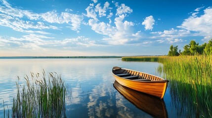 Fototapeta premium Wooden Rowboat on Calm Lake at Sunrise