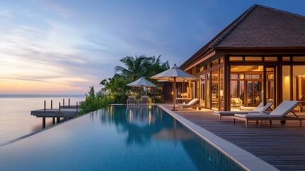 Fototapeta premium Tranquil Luxury Villa with Infinity Pool Overlooking Serene Ocean at Sunset, Surrounded by Lush Tropical Vegetation and Elegant Sun Loungers for Relaxation