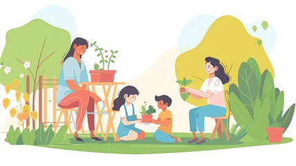 Fototapeta premium A cartoon illustration of a family gardening together.