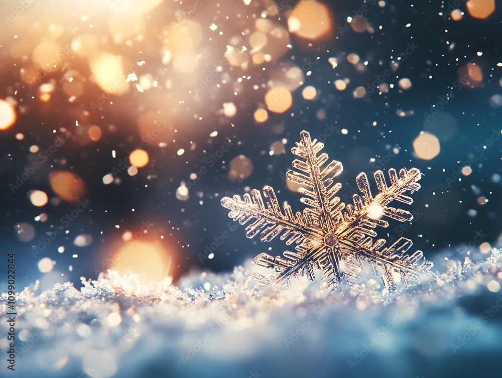 Poster Sparkling snowflake on snow with bokeh lights.