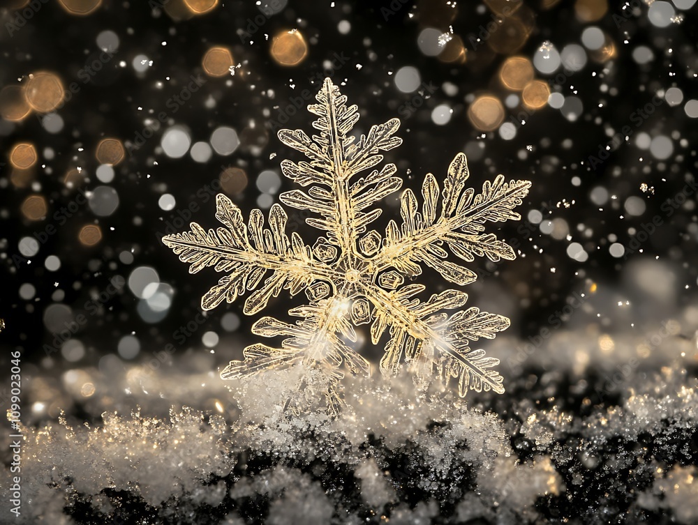 Poster Sparkling snowflake on snowy ground with bokeh lights.