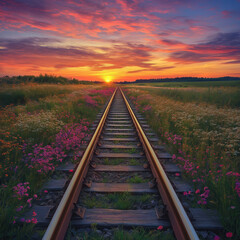 A lonely railroad track stretching into the horizon under a vibrant sunset