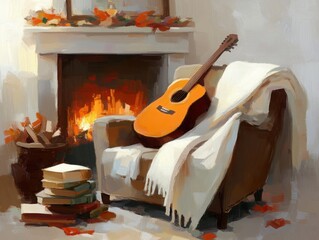 Cozy Autumn Scene Featuring a Guitar on an Armchair Beside a Warm Fireplace Surrounded by Books and Colorful Leaves for a Perfect Relaxing Atmosphere