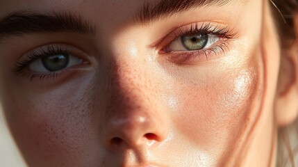 Fototapeta premium Closeup Portrait of a Young Woman's Face, Freckles, and Radiant Skin in Soft Sunlight