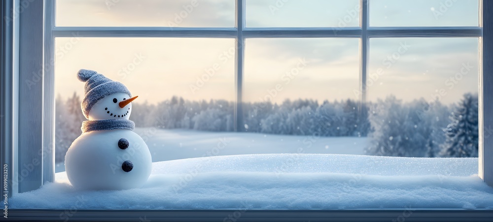 Poster a frosty window with the outline of a snowman and a snowy landscape visible outside, leaving a wide 