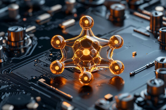 Chemical formula alkaline. macro shot of digital screen featuring glowing molecular structure on circuit board, showcasing technology and innovation