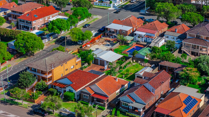 Panorama aerial drone view of western Sydney Suburbs of Canterbury Burwood Ashfield Marrickville...