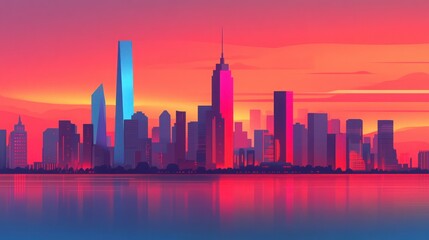 Obraz premium Vibrant Sunset Over A City Skyline Illustrating Modern Architecture, Reflection In Water, Digital Art, Cityscape, Colorful Aesthetic, Urban Landscape