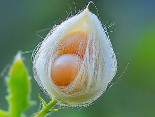 Two delicate eggs nestled in a soft, white, fluffy plant pod.